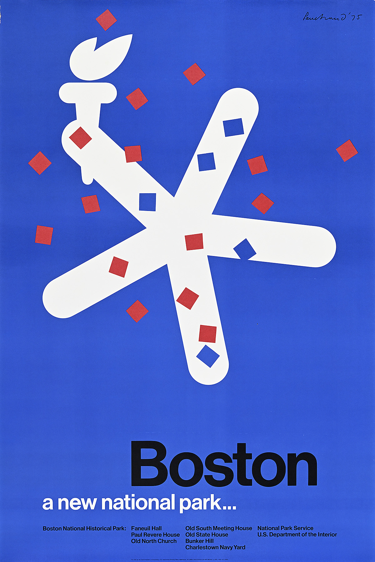 A poster of five converging white lines with a torch surrounded by small red and blue squares on a blue background.