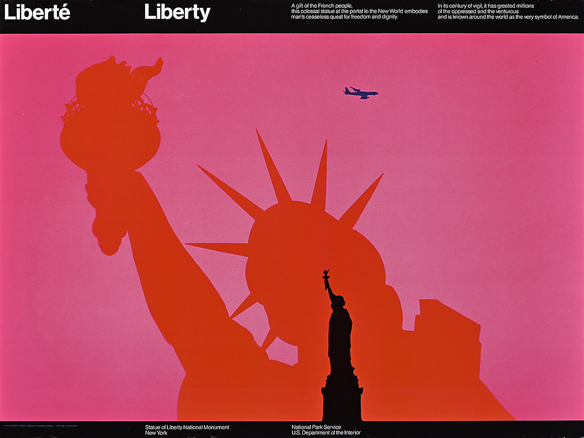 A poster of small silhouettes of the Statue of Liberty and an airplane on top of a pink and red background.