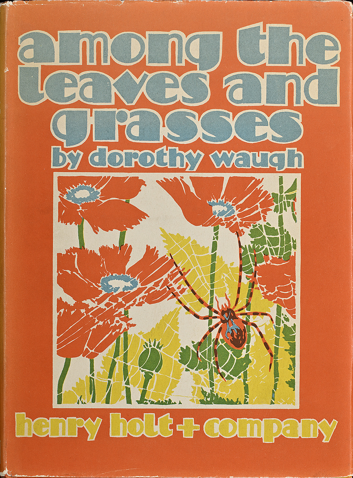 An orange book cover featuring a spider crawling through a field of colorful poppies.