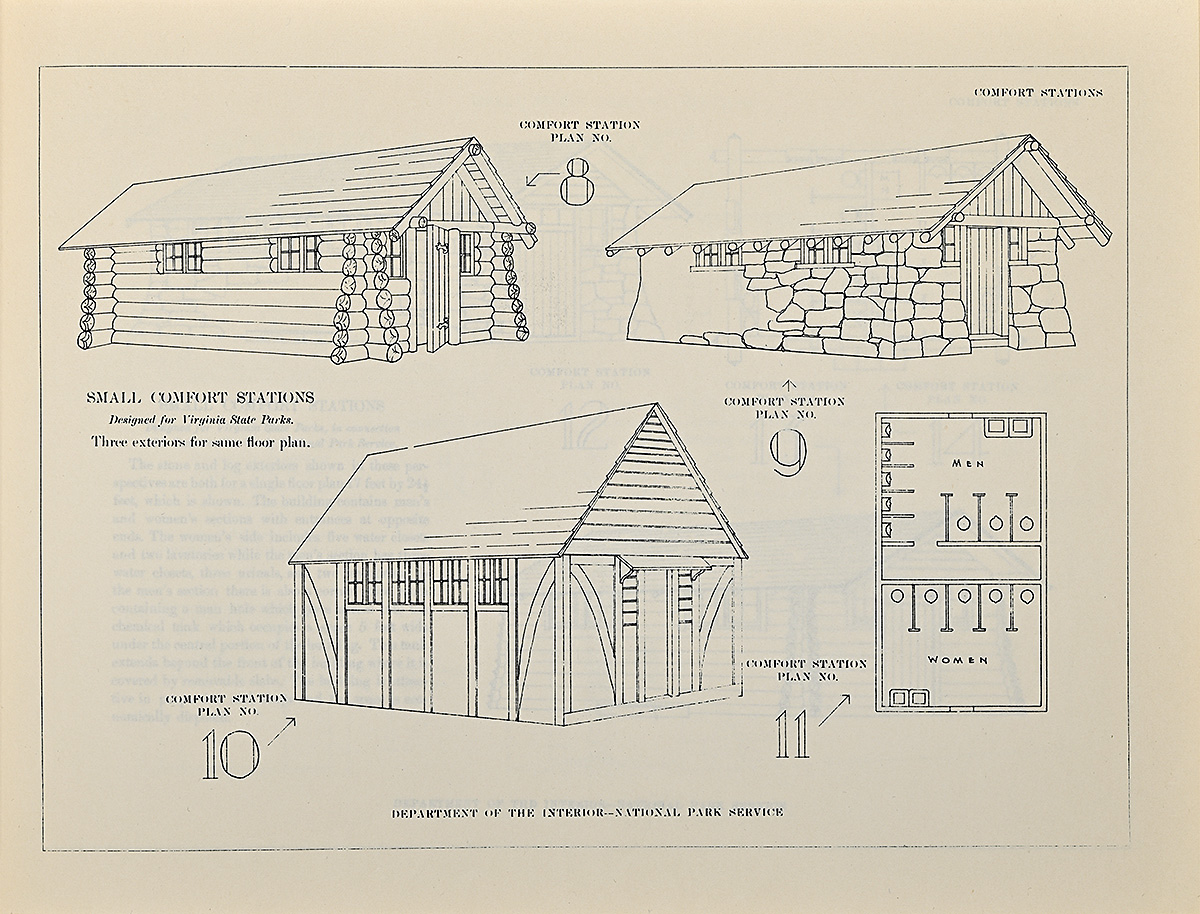 A drawing of three rustic buildings made out of stone and wood.