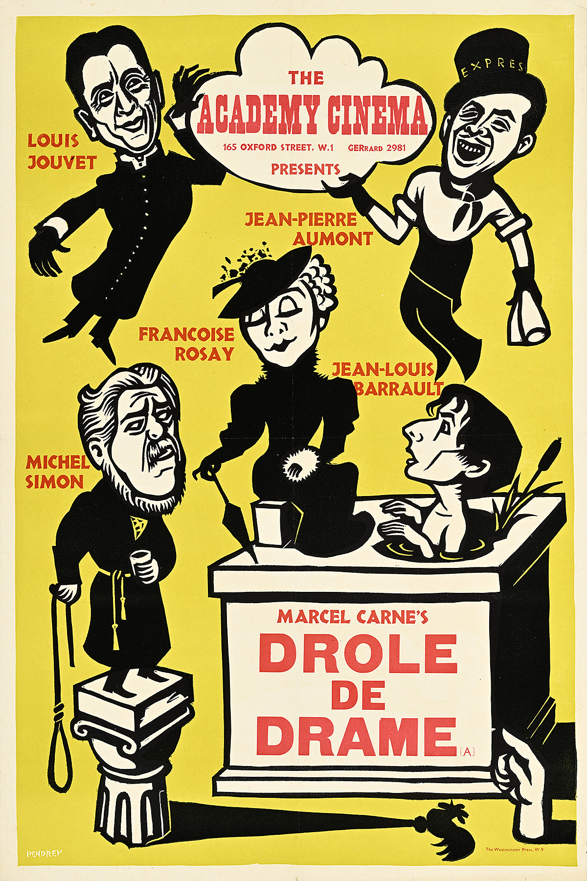 A poster of men and a woman in black attire coming out of a box on a yellow background.