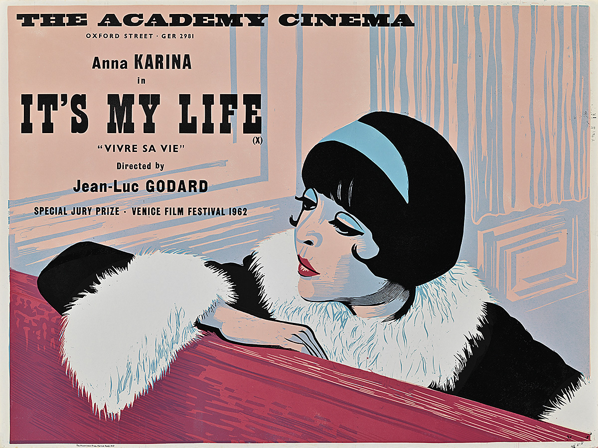 A poster of a woman in a fur coat with a neutral expression leaning onto a red piece of wood.