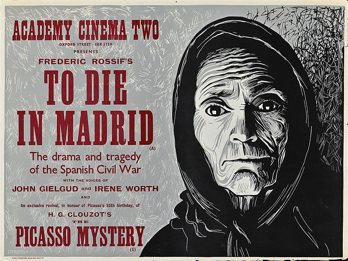 A poster of a wrinkled woman in a head scarf looking towards the viewer with a piercing gaze.