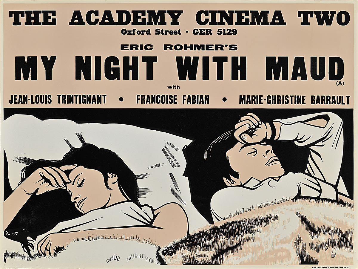 A poster of a man and a woman rolling away from each other in bed.