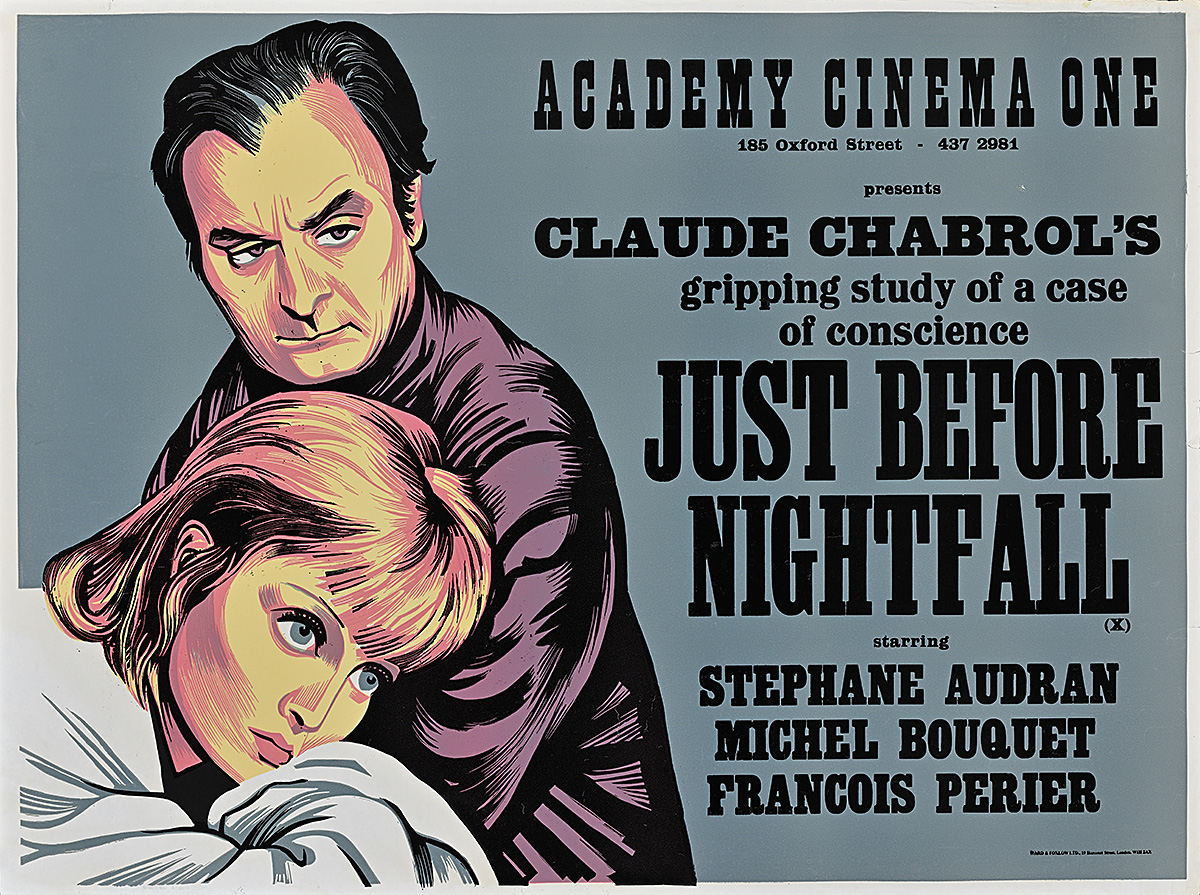 A poster of a woman in a robe leaning on a man's arm, both gazing off with neutral expressions.