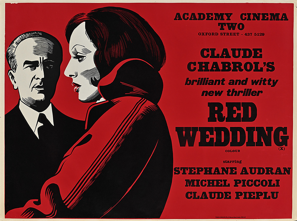 A poster of a man and woman in formal dress with serious expressions on a red background.