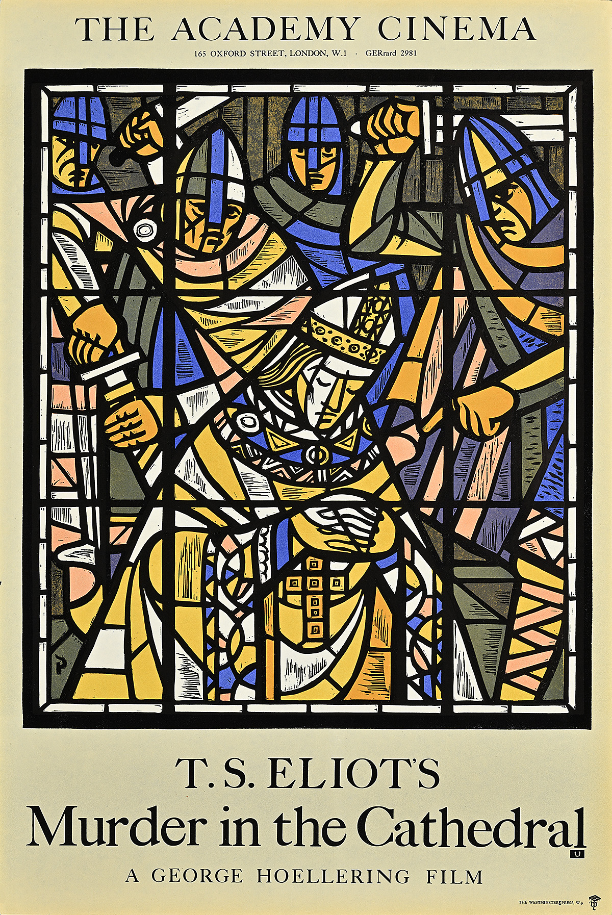 A poster of a stained glass window showing men with swords approaching a bowed man in robes.