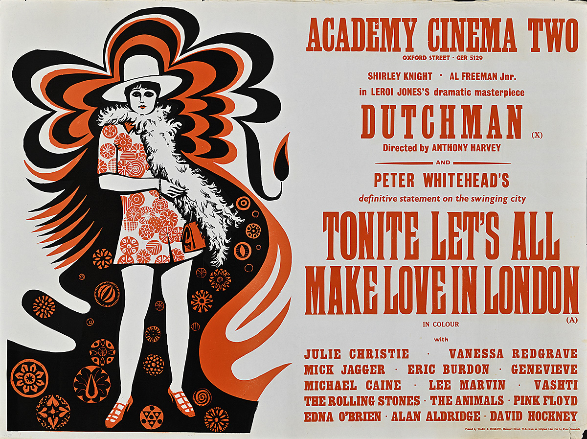 A poster of a woman wearing a dress, feather boa, and large hat in front of orange and black swirls.