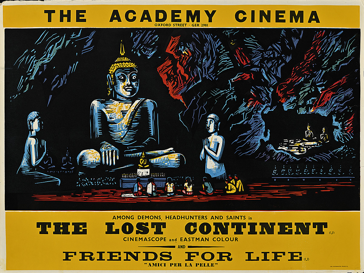 A poster of several figures in front of towering statues inside of a dark cave.