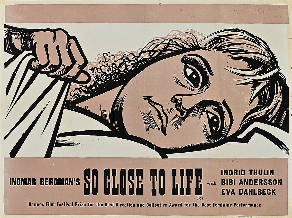 A poster of a close-up of a woman's head resting on a pillow.