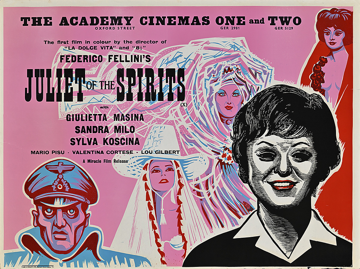 A poster of smiling woman in front of a pink background filled with figures in ornate dress.