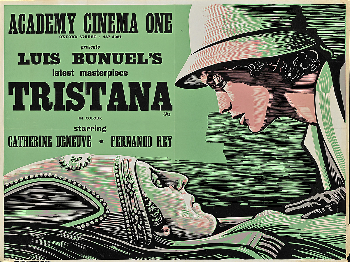 A poster of the profile of a woman gazing down at a man lying still and wearing a helmet.