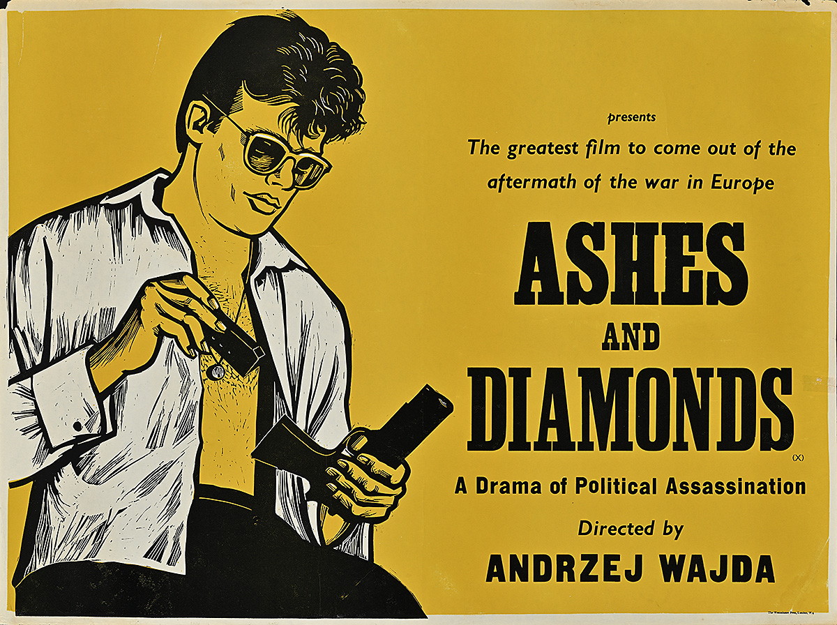 A poster of a man wearing a white unbuttoned shirt and sunglasses loading a gun on a yellow background.