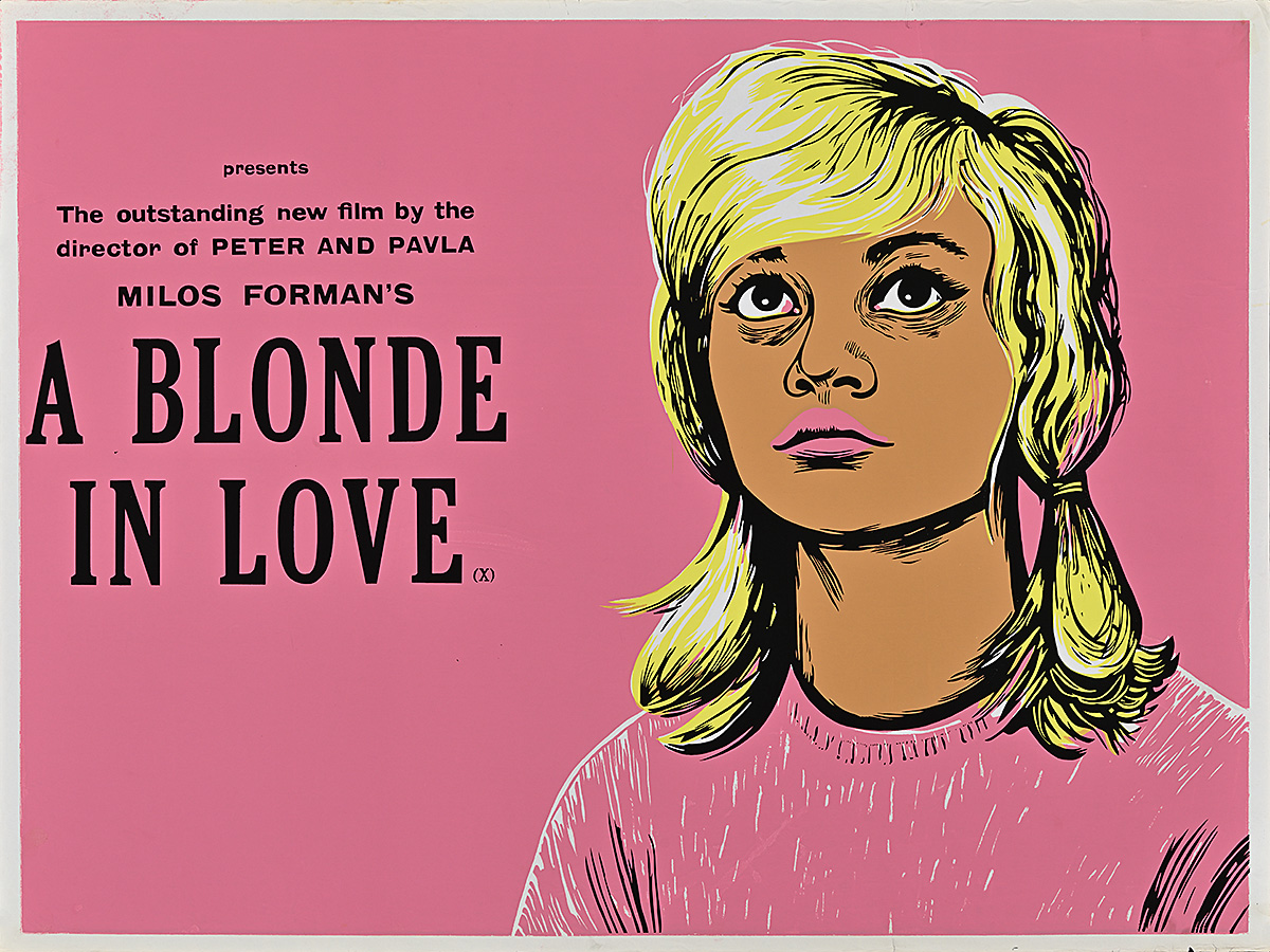 A poster of a white woman with blonde pigtails looking upwards with an ambiguous expression.
