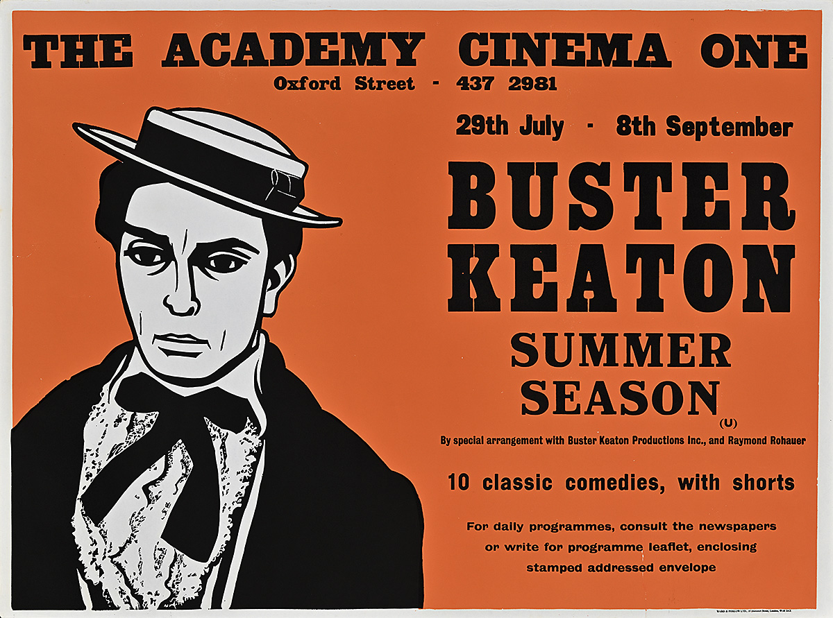 A poster of a black and white illustration of a man in a black suit and pork pie hat on an orange background.