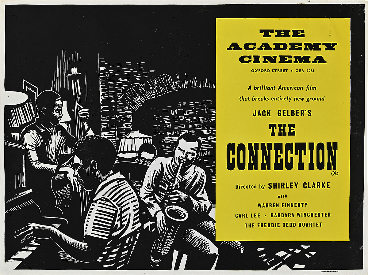 A poster of a black and white illustration of a group of musicians playing various instruments.