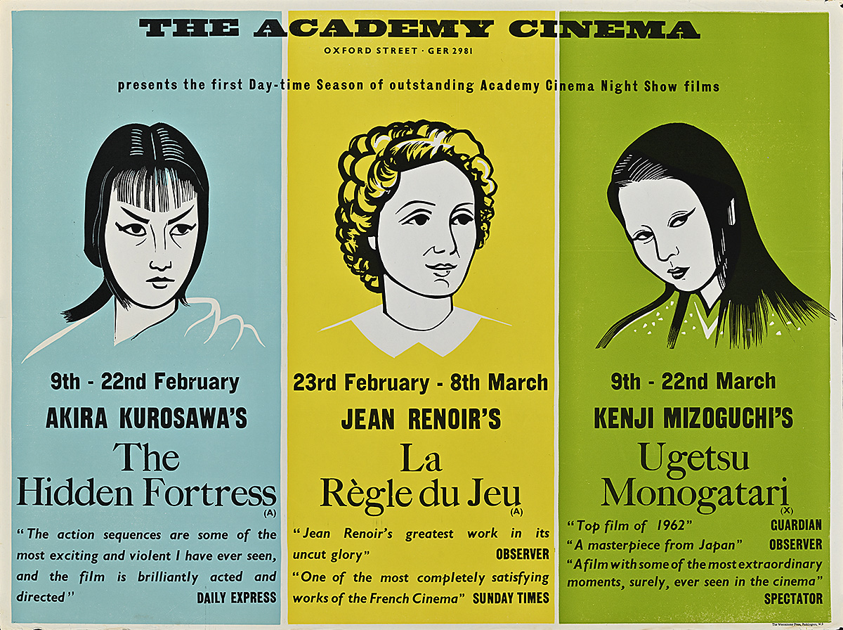 A poster divided into vertical stripes of blue, yellow and green, each with an illustration of a woman's face.