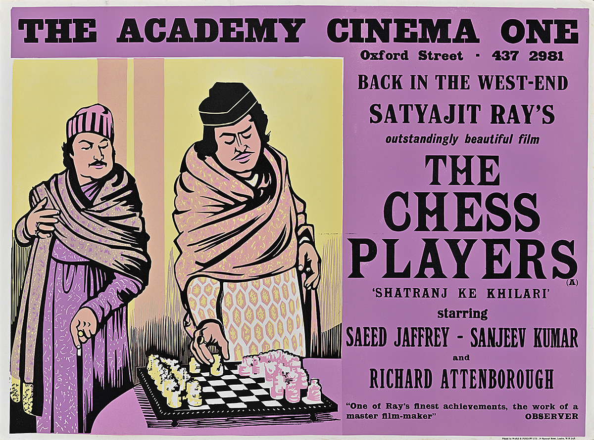 A poster of two men wrapped in scarves playing chess.