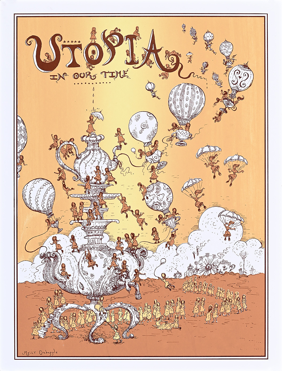 A poster of a fantastical hot air balloon made out of a teacup supported by octopus tentacles.