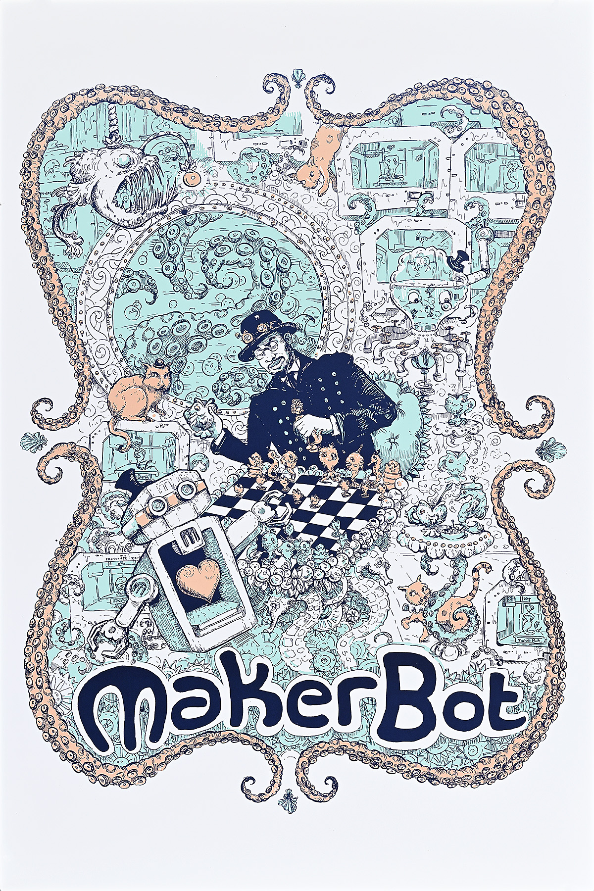 A poster of a man playing checkers with a robot inside a frame of octopus legs.