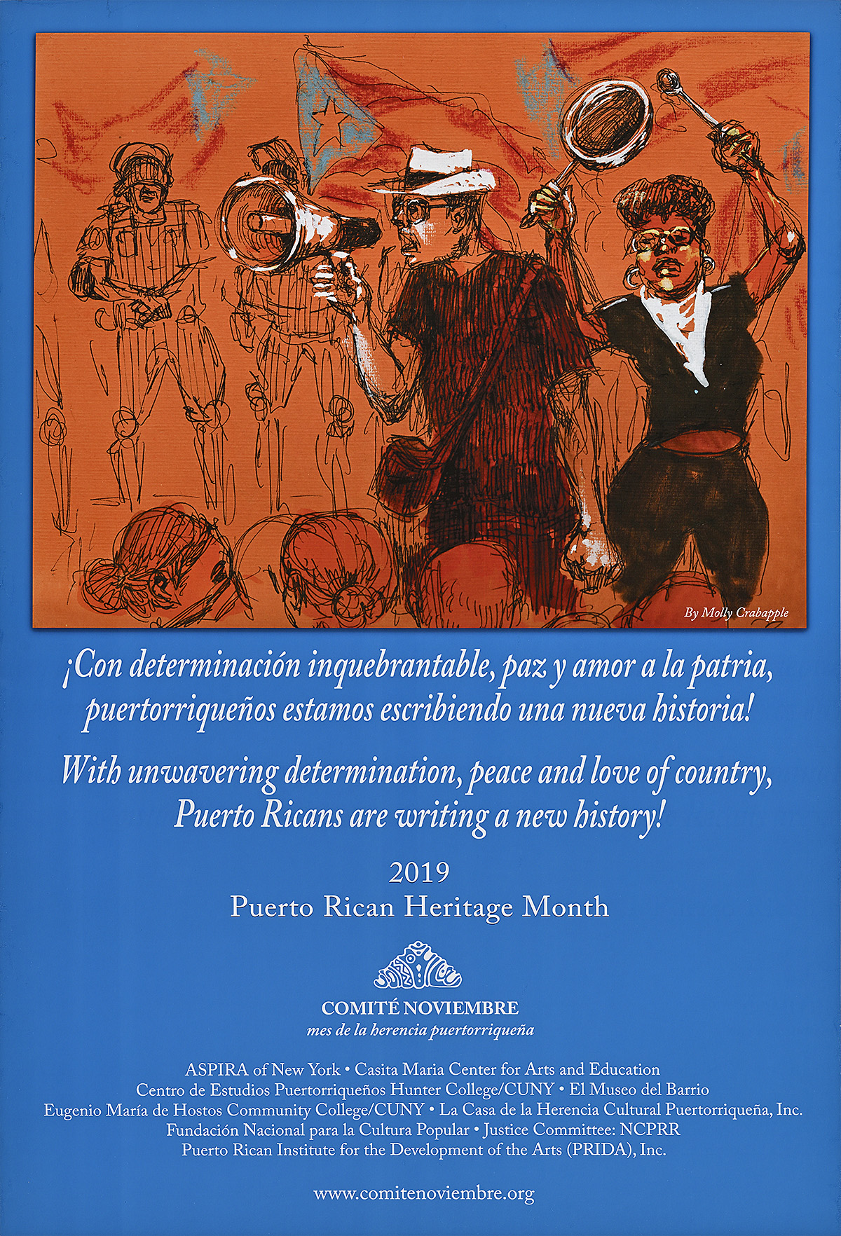 A poster of a woman with dark skin banging on a pot with a spoon at a protest.