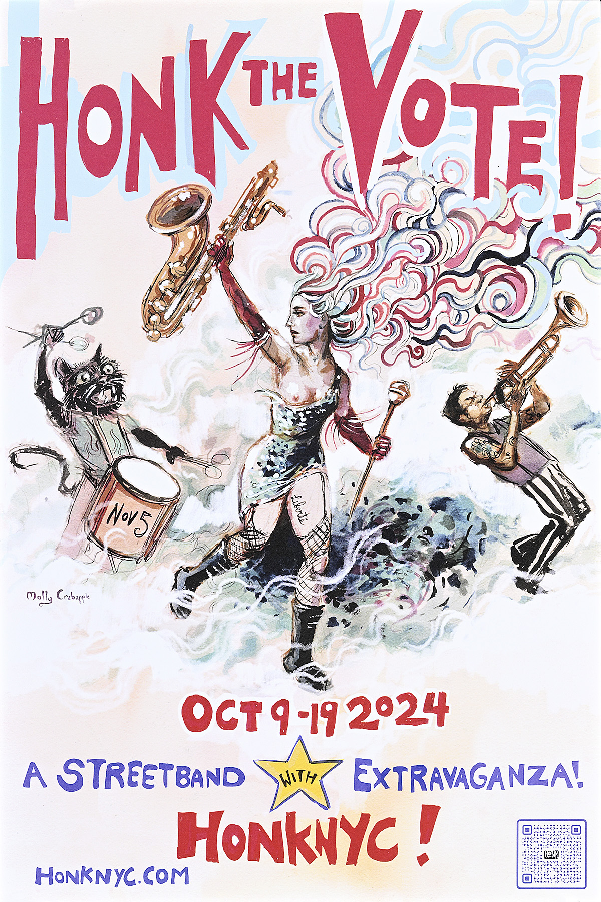 A poster of a woman dancing with a band made up of a man and a cat surrounded by smoke.