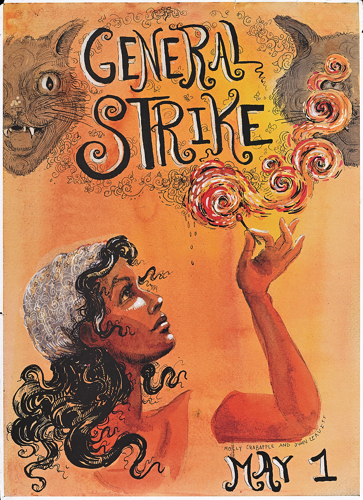 A poster of a girl holding a lit match with two cats.