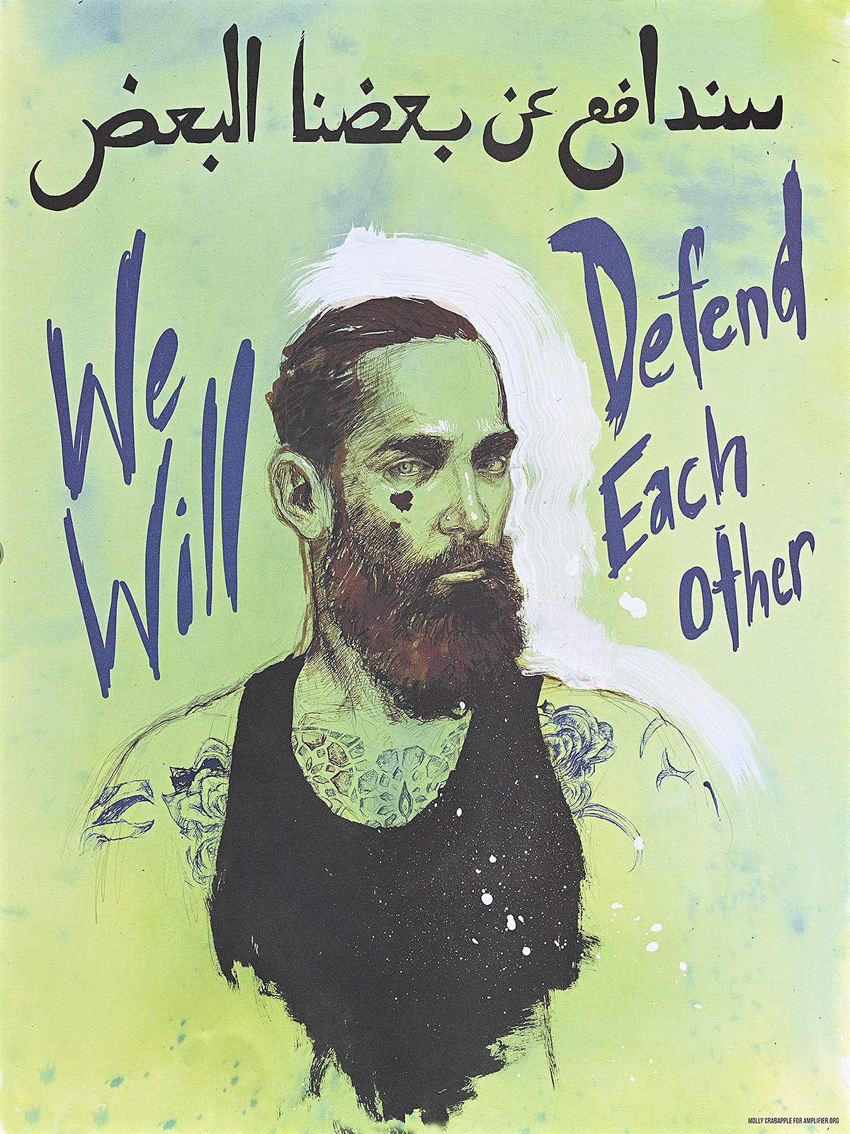 A poster of a tattooed man with a beard on a green background.