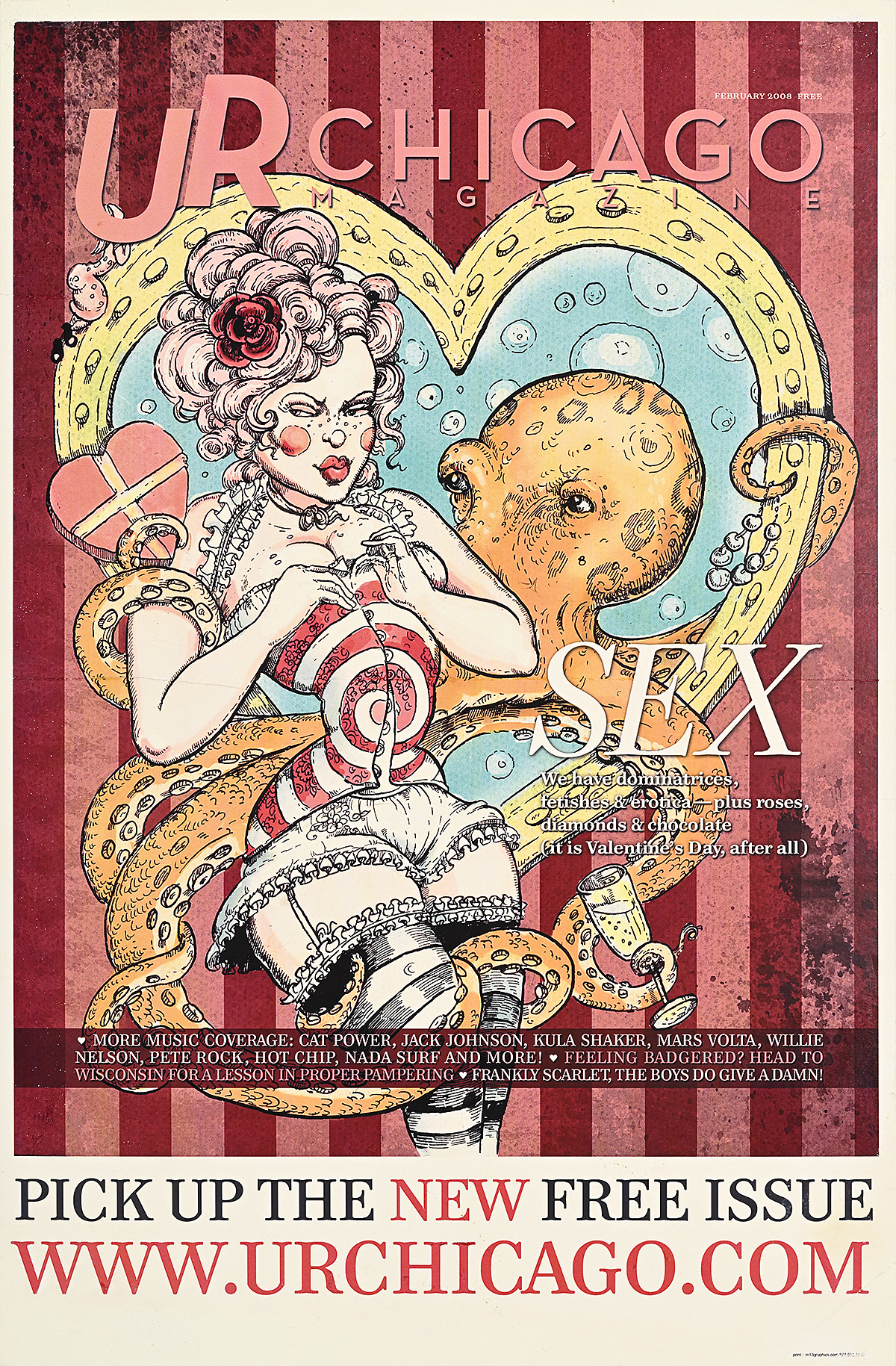 A poster of a white woman in lingerie and an octopus inside a blue and yellow heart.