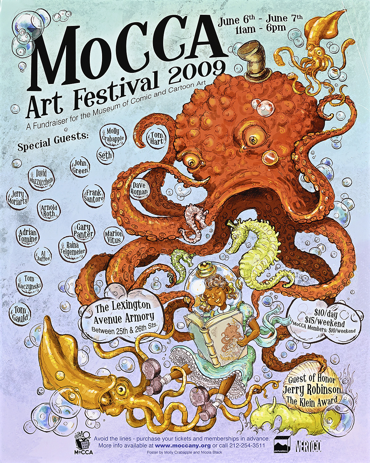 A poster of an orange octopus surrounded by bubbles.