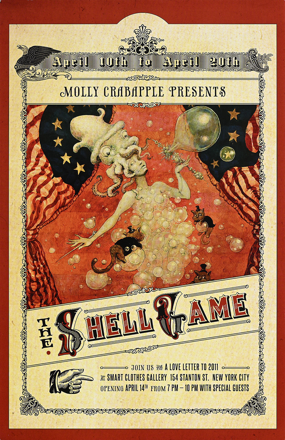 A poster in the style of a theatrical bill with a woman wearing a squid hat in front of American flag curtains.