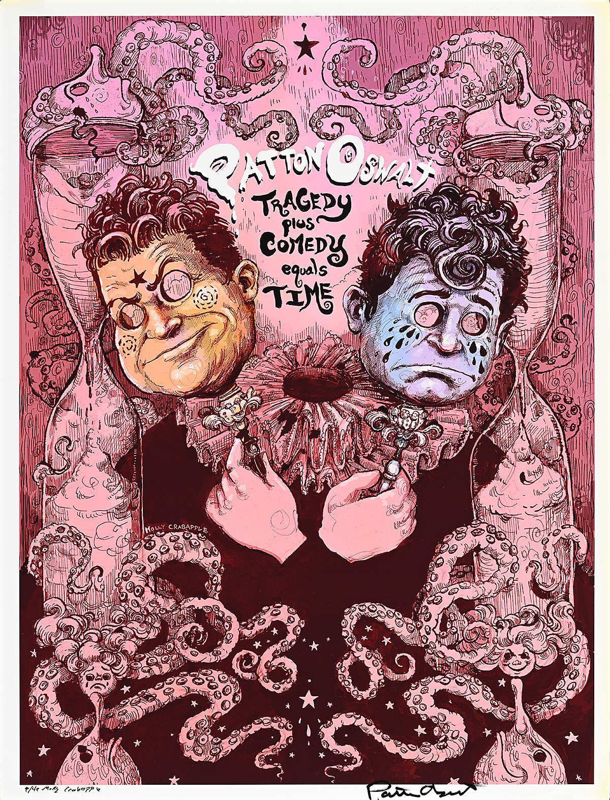 A poster of pink tentacles grabbing a white man's happy face and sad face.