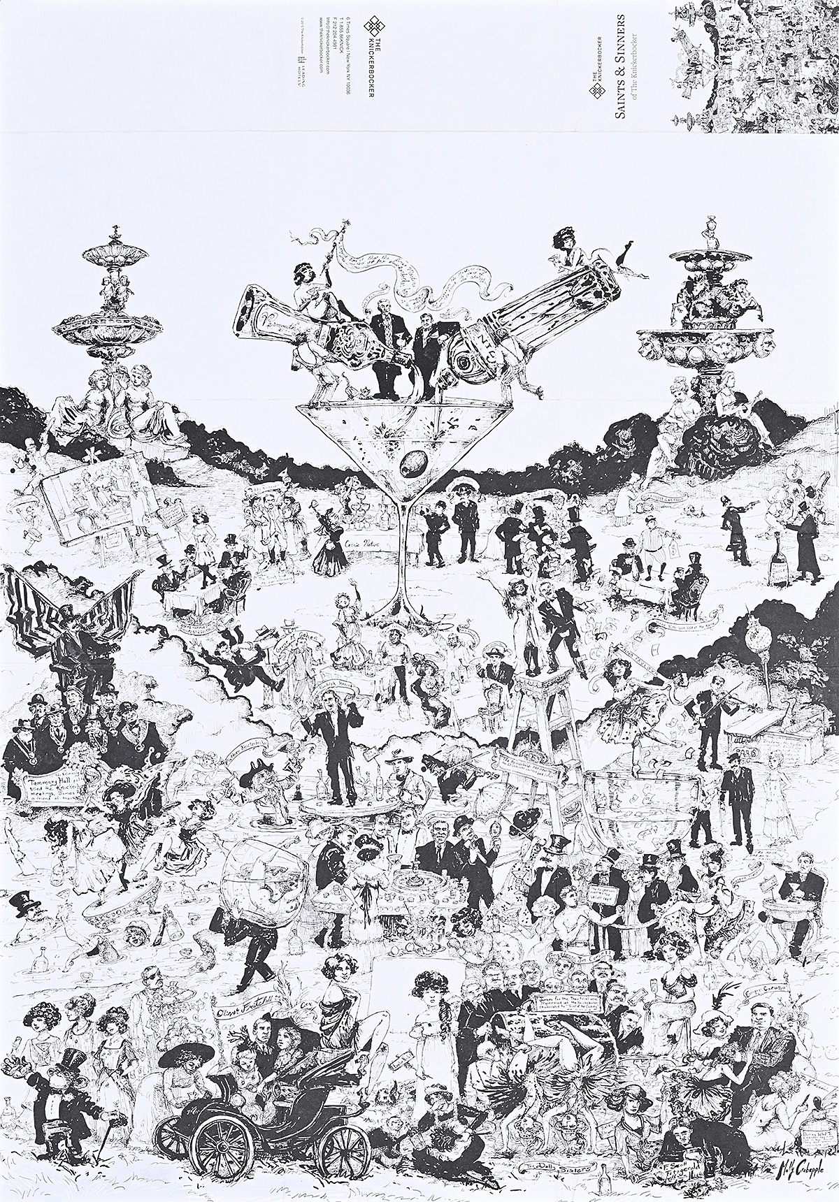 A poster of a crowd where the people are pictured with a list of ingredients in a cocktail.