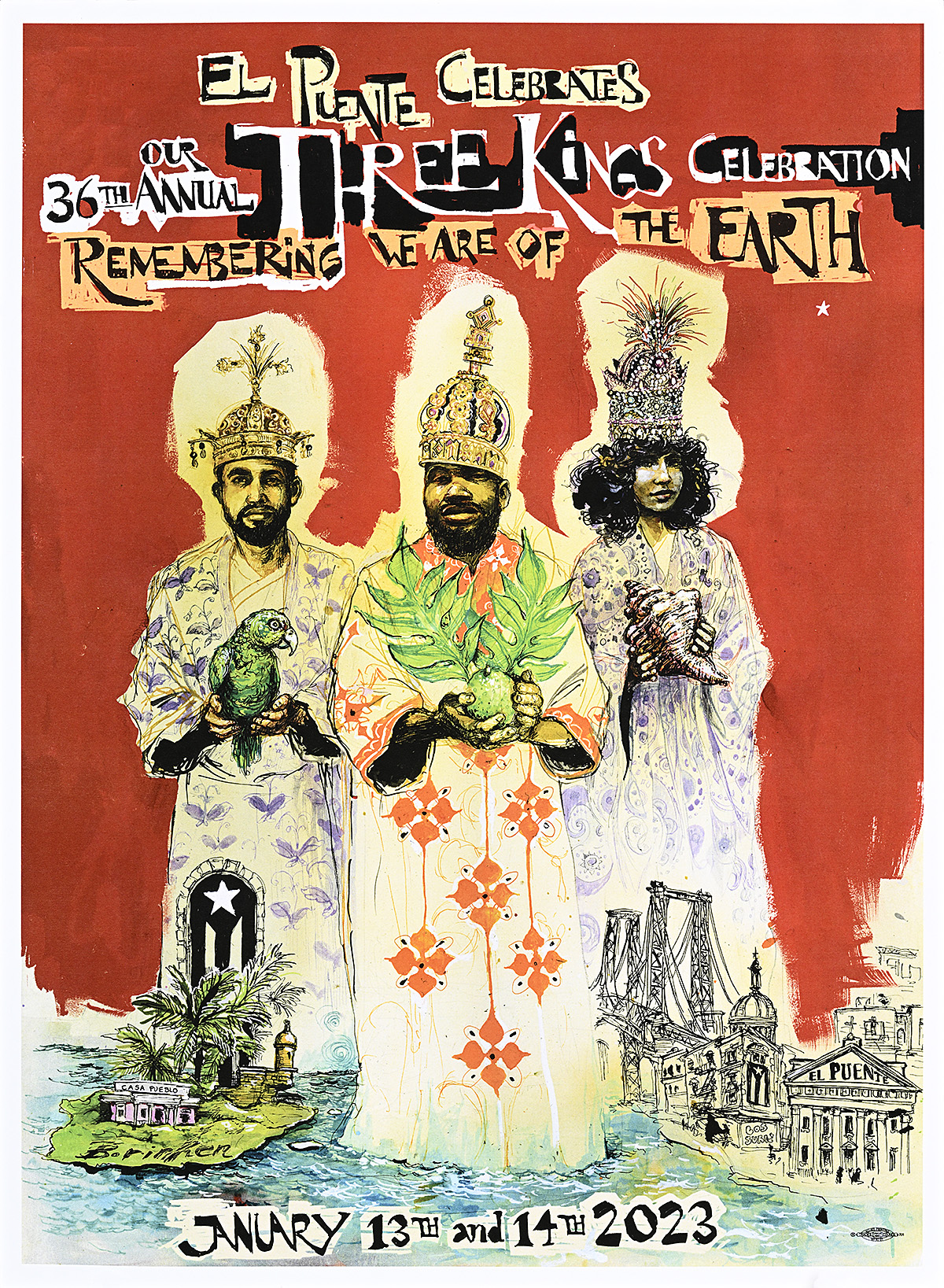 A poster of three latino people standing in regalia in front of a beachfront city.