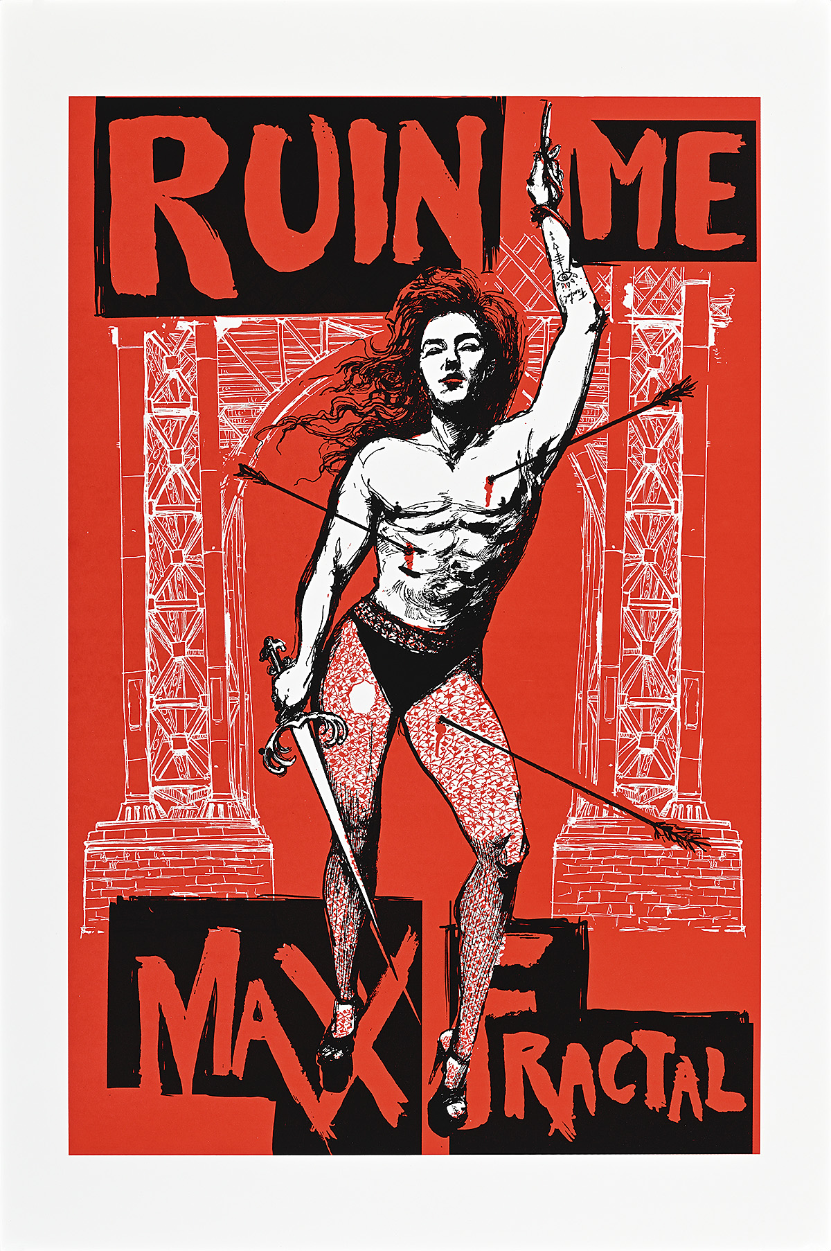 A poster of a topless white person holding a sword and being pierced by arrows.