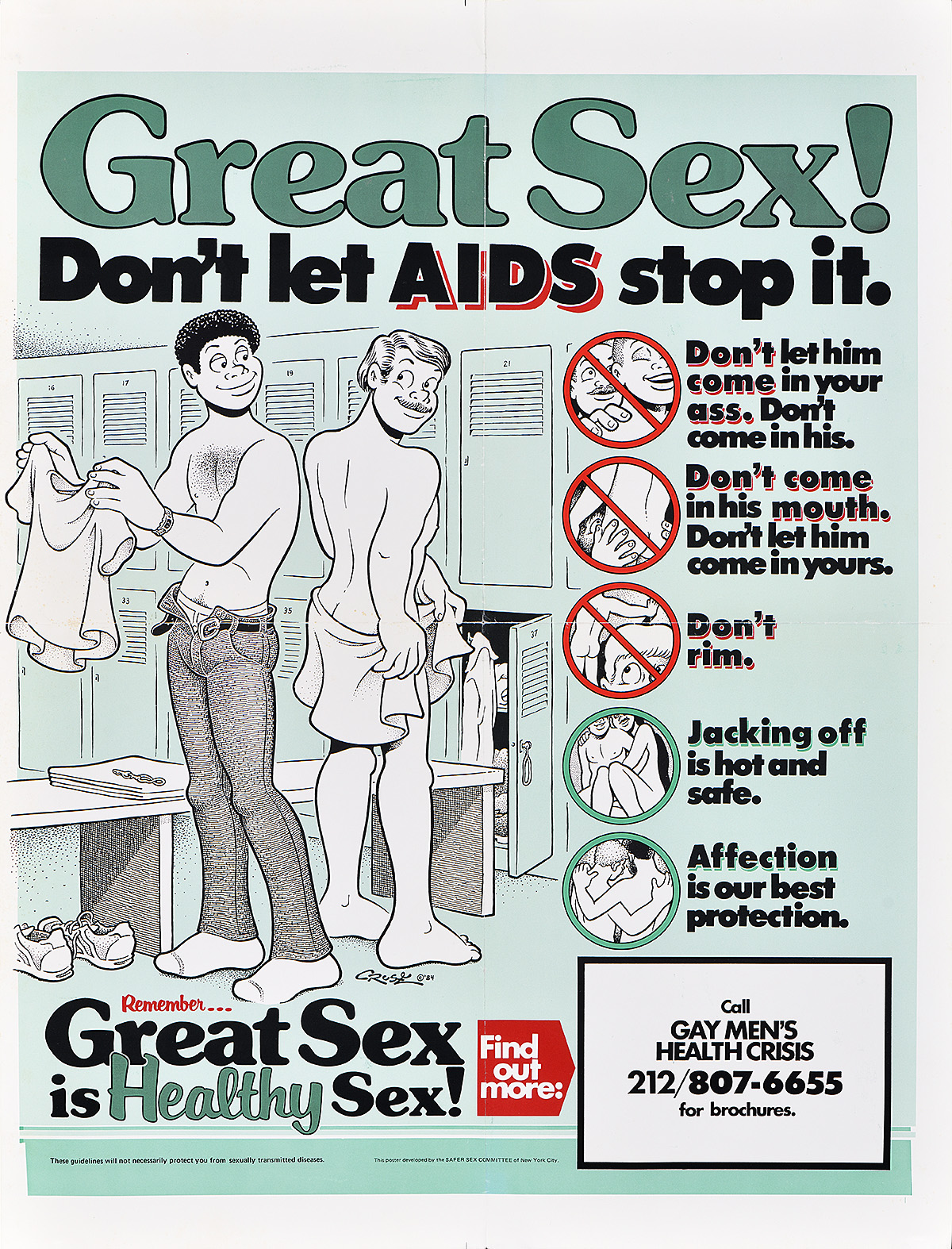 A poster of two cartoon men undressing next to each other on a green background.