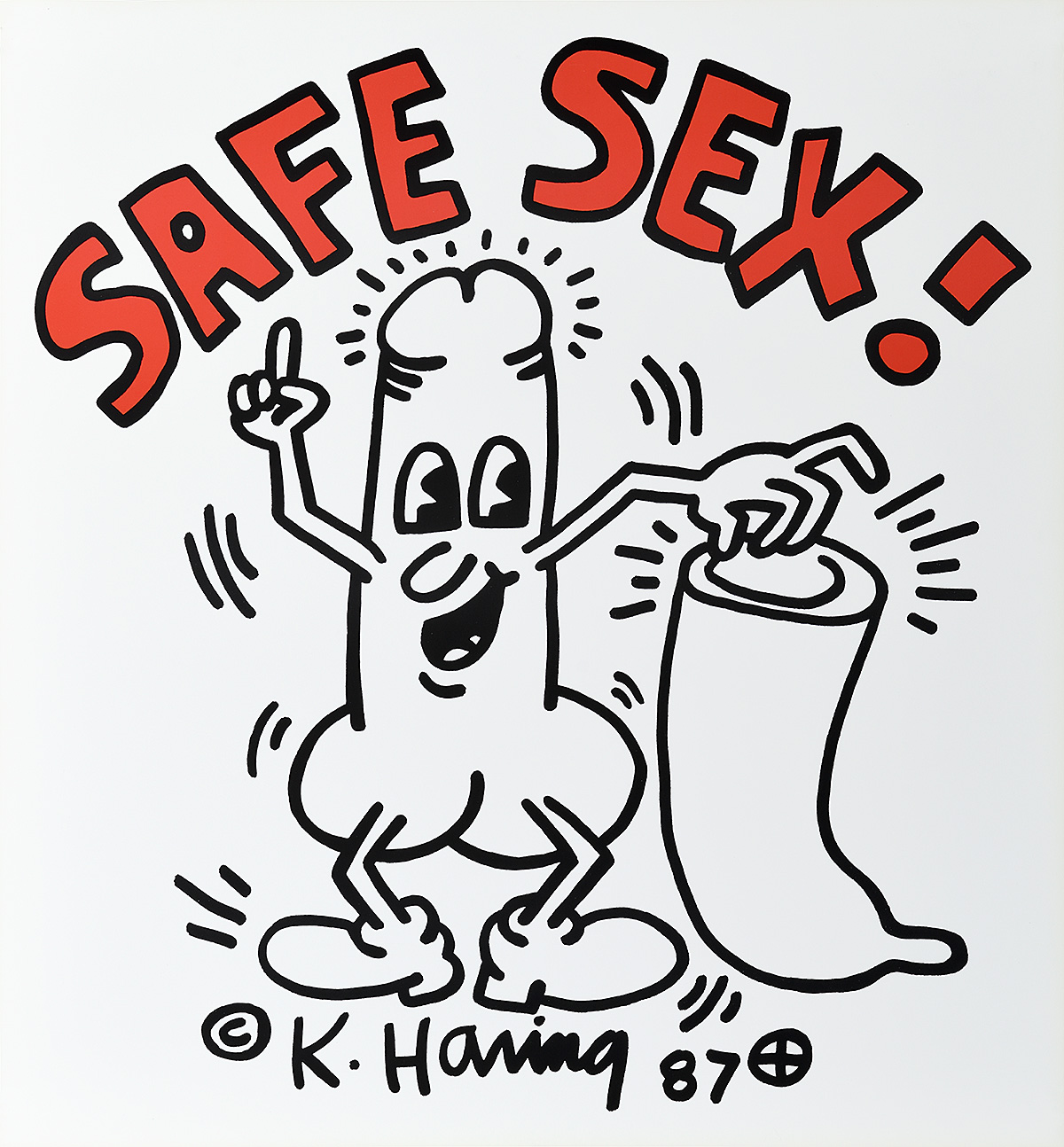 A poster of a smiling cartoon penis holding a giant condom with the words safe sex in red above.