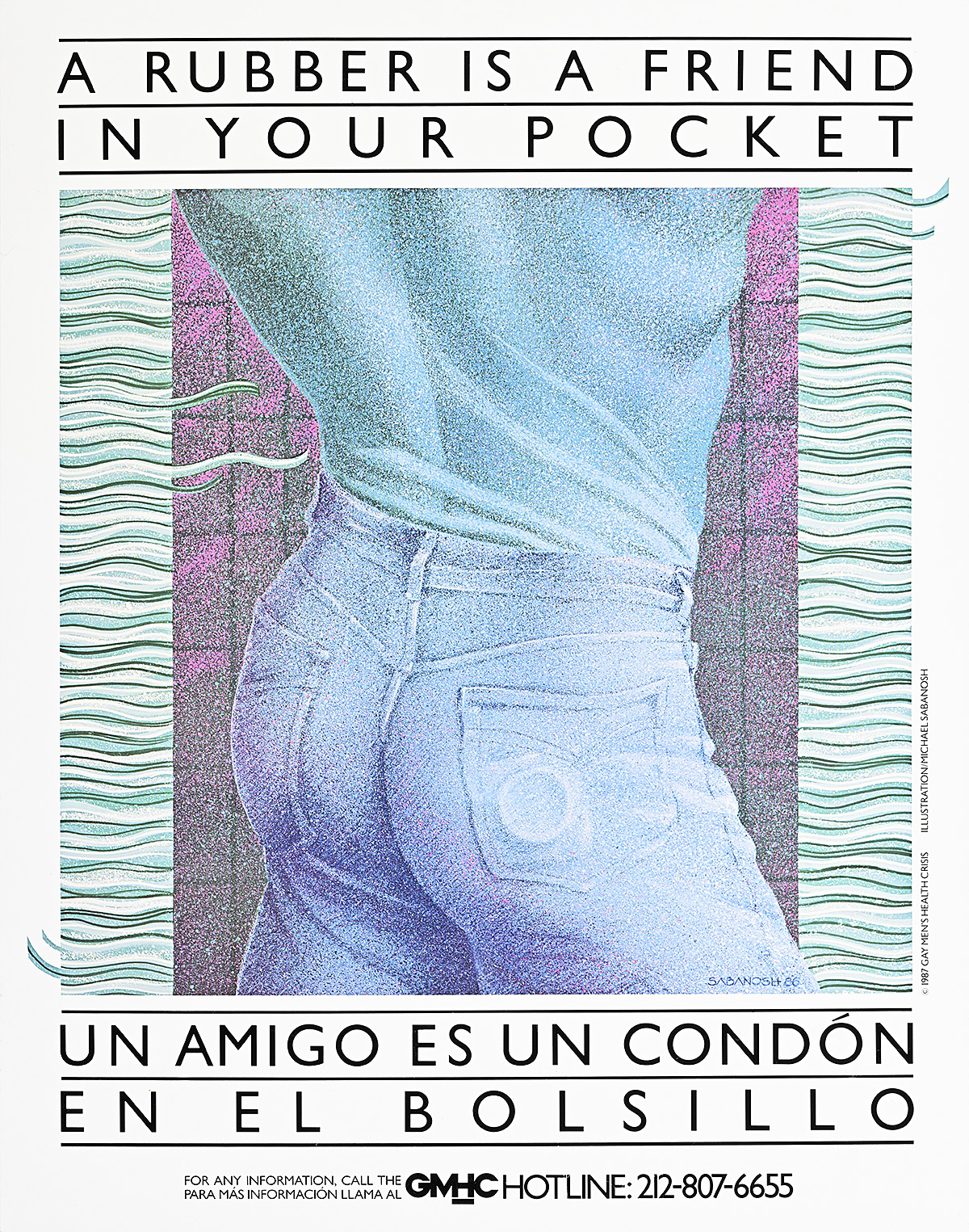A poster showing a man's butt in tight jeans; inside his pocket there is the outline of a condom.