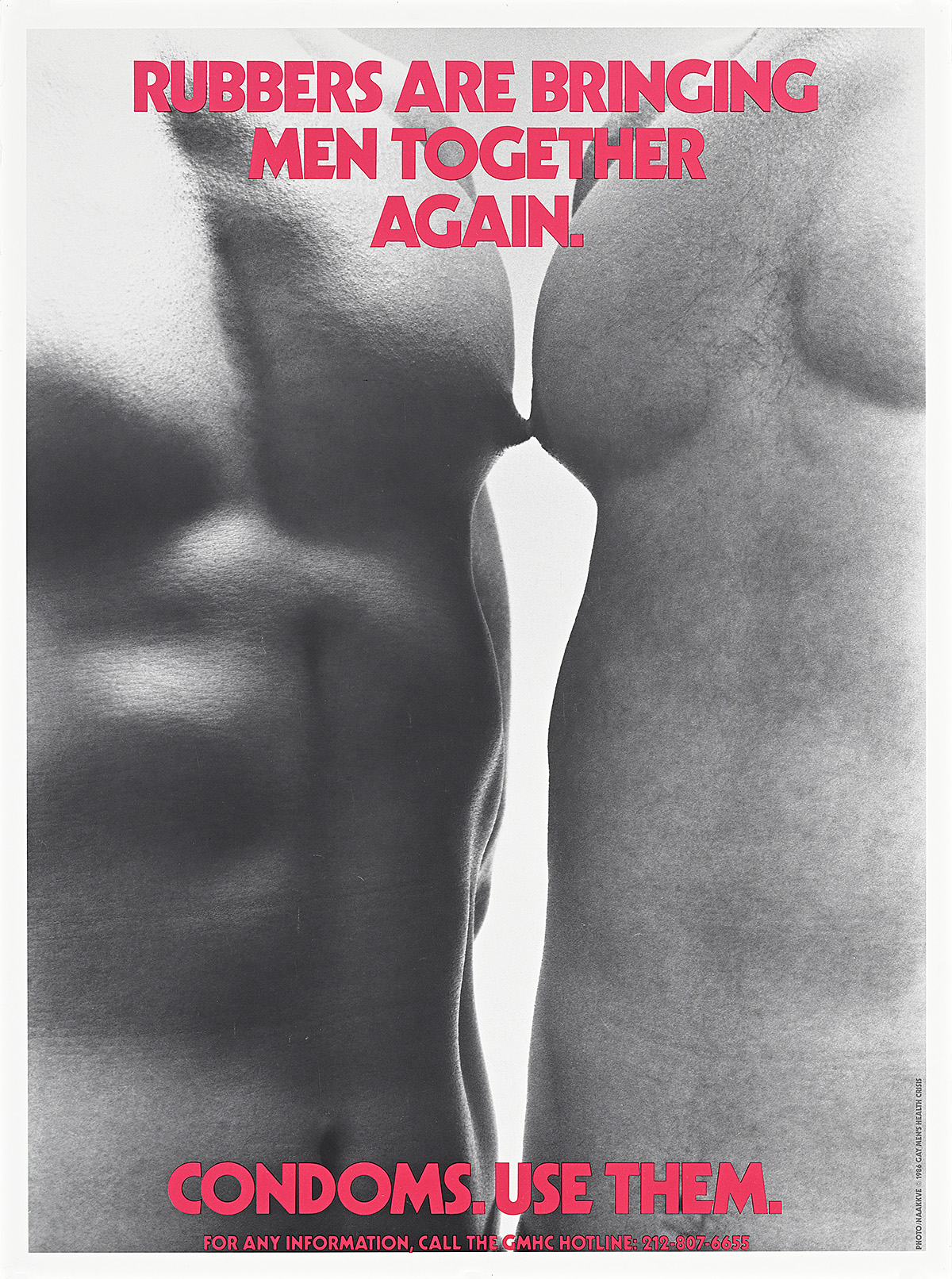 A poster of two muscular nude male torsos with their nipples touching.