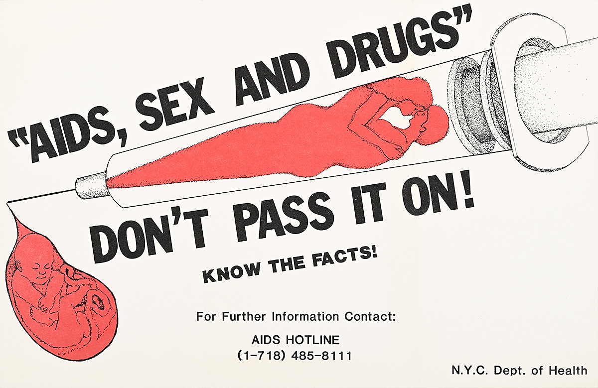 A poster of a syringe with blood inside in the shape of a couple embracing and a blood drop coming out of the syringe.