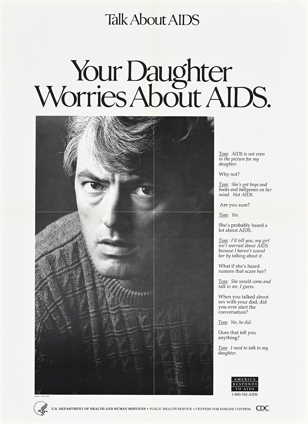 A poster of a concerned white man in black and white looking at the camera.