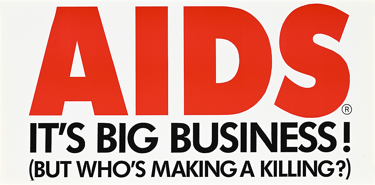 A poster of bold red text spelling AIDS with black text on a white background.