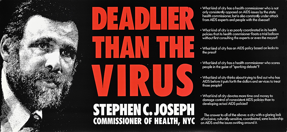 A poster of a white man's face printed on a black background with bold red text.