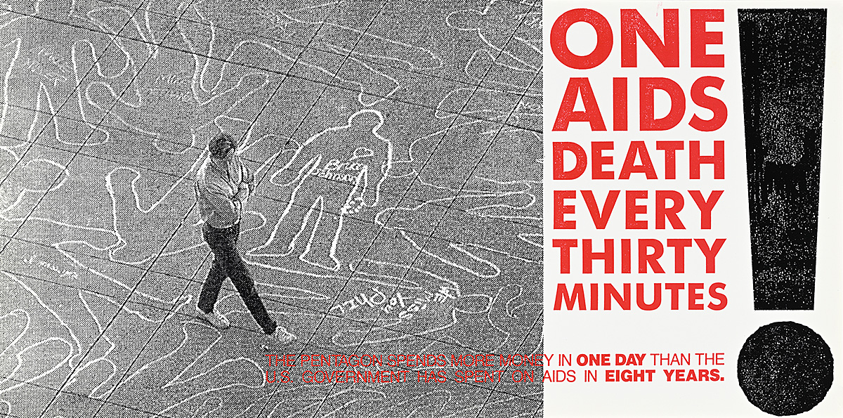 A poster of a white man walking over a sidewalk covered in chalk outlines of bodies.