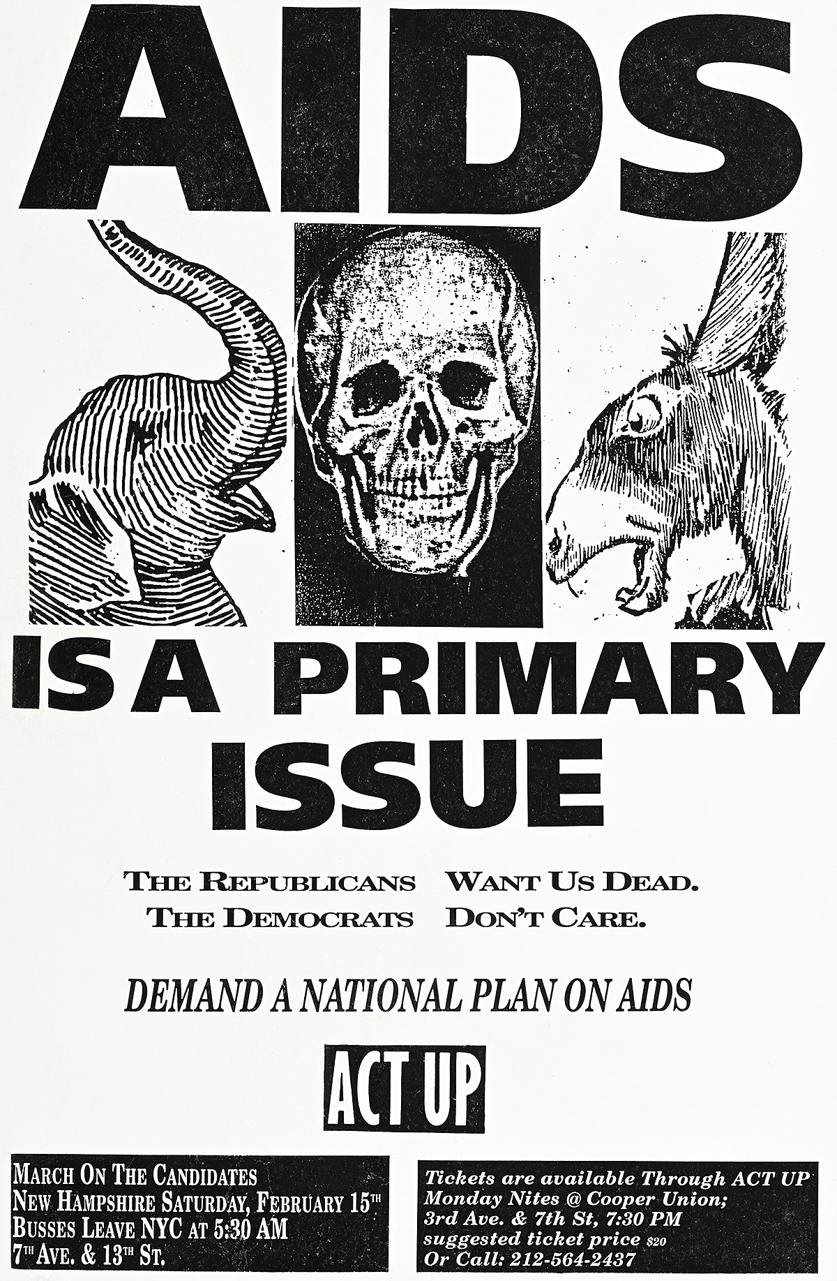 A poster of an illustrated elephant and donkey head looking at a human skull with black text reading AIDS is a primary issue.