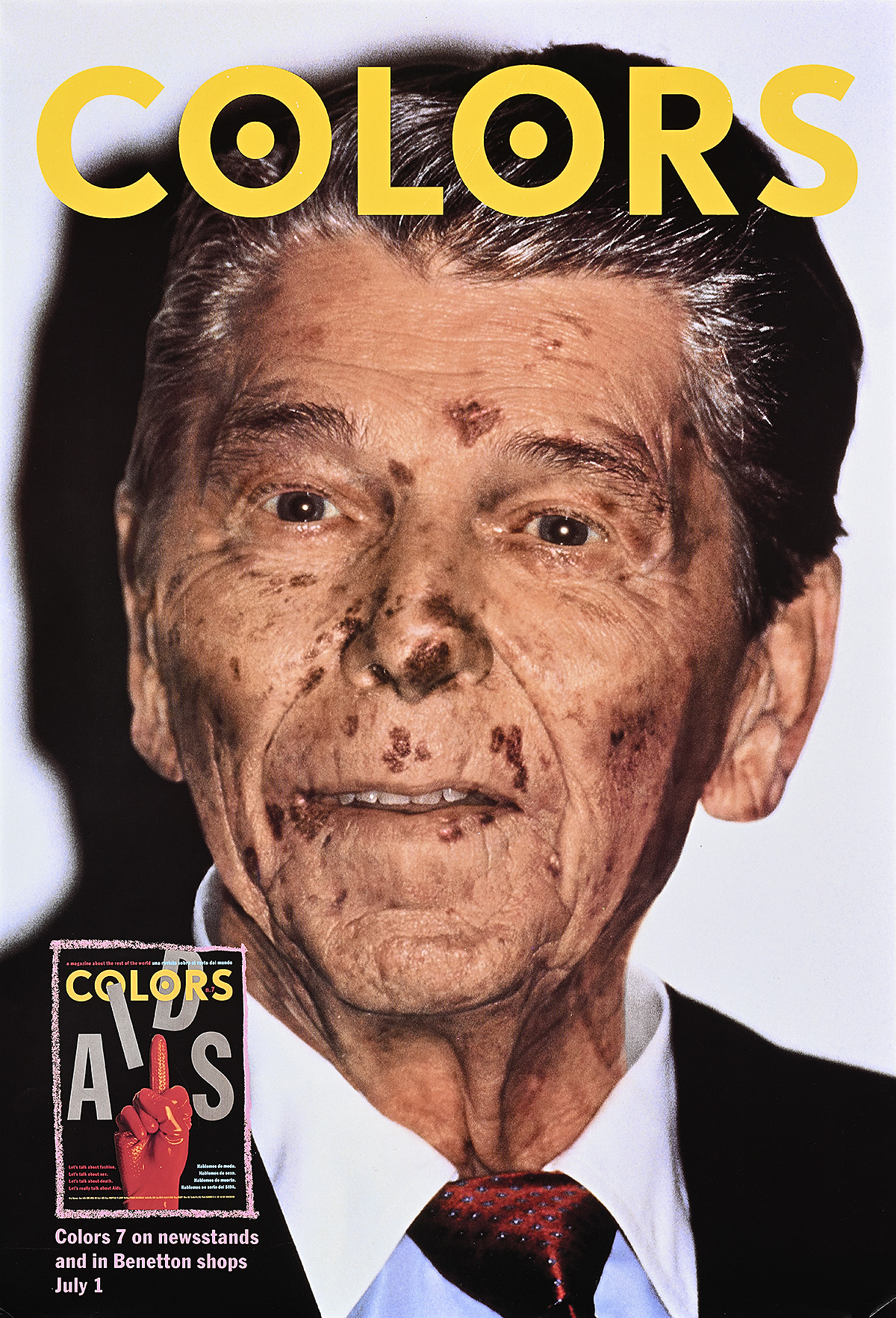 A poster of Ronald Reagan with brown lesions on his face.