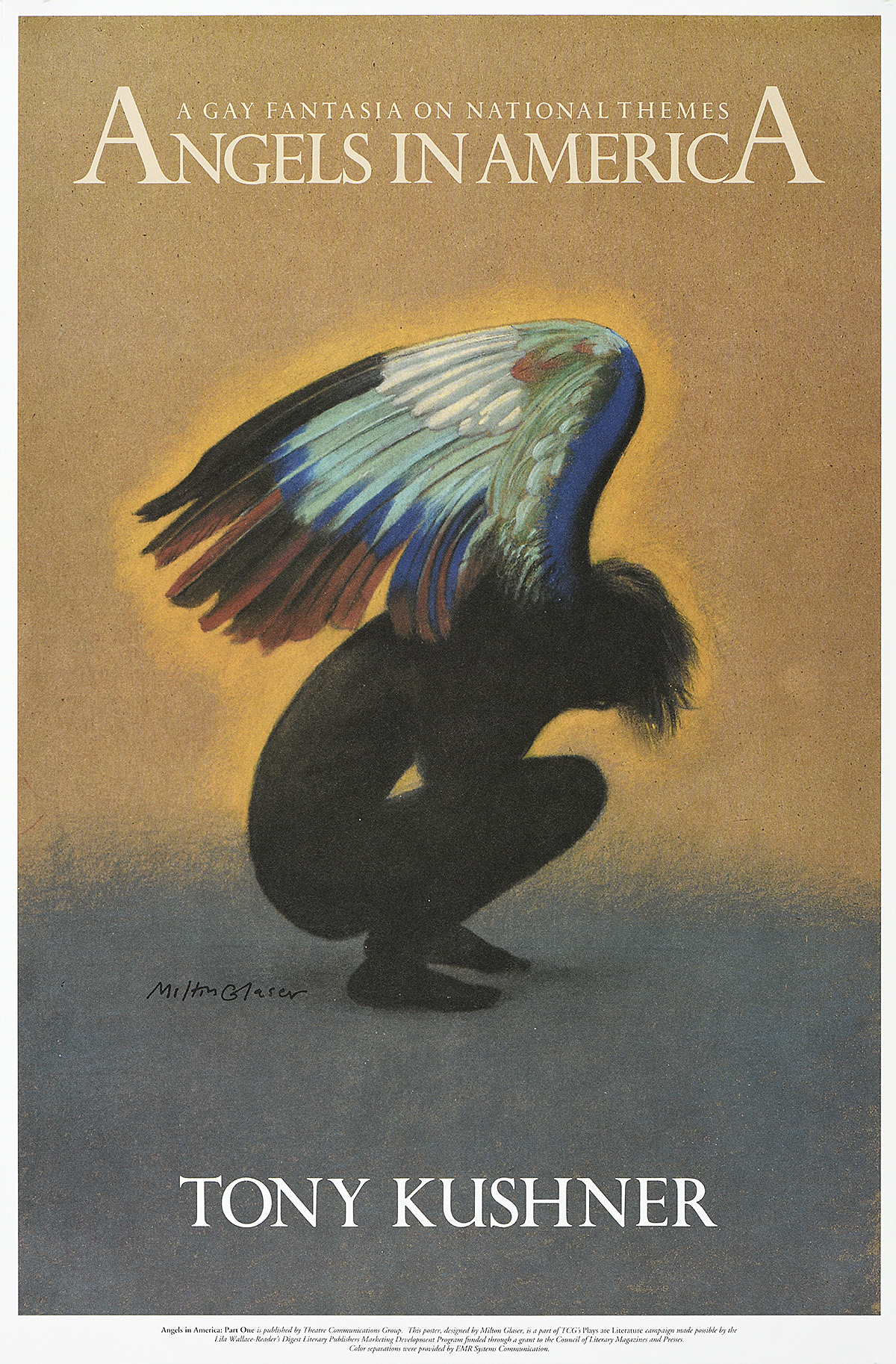 A poster of an angel with colorful wings crouching with its head in its hands on a tan and grey background.