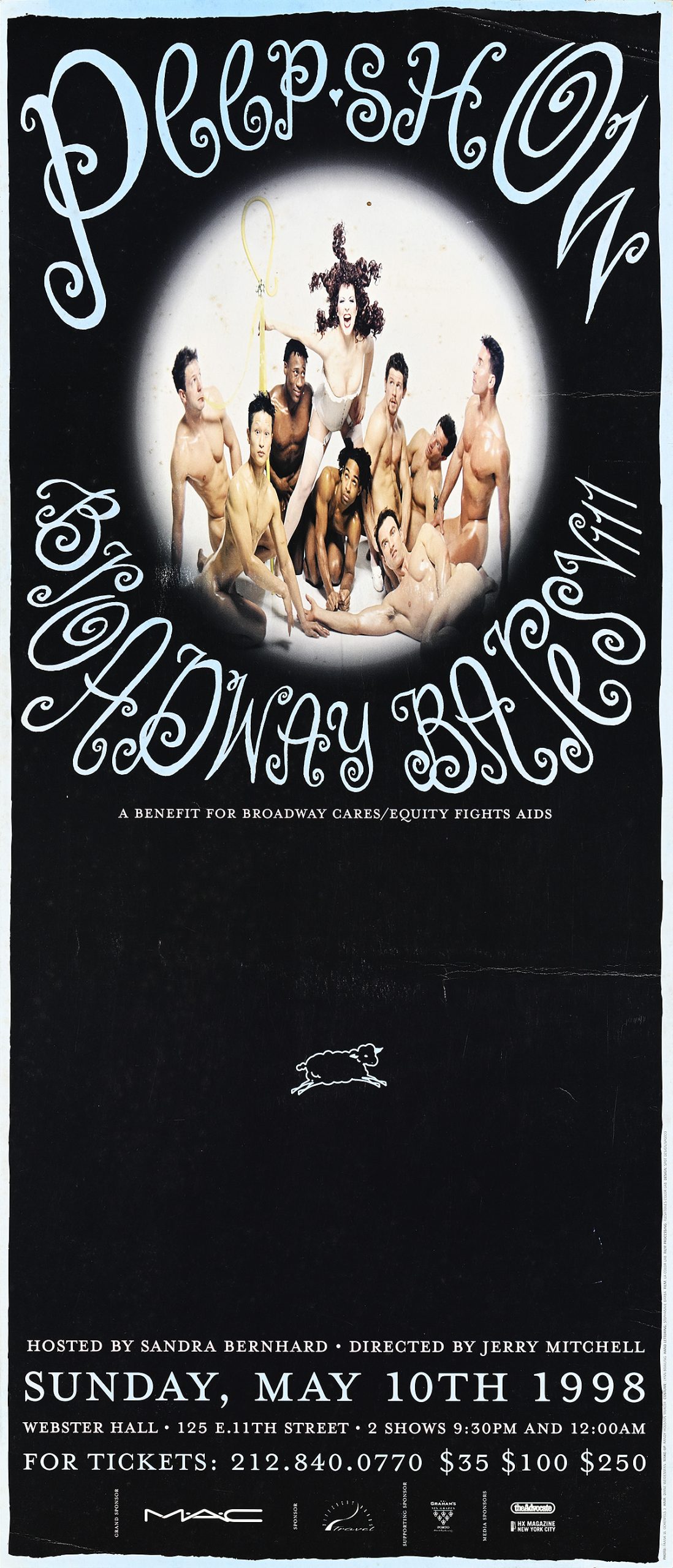 A narrow poster with a photograph of naked dancers posing suggestively inside a circle surrounded by black.