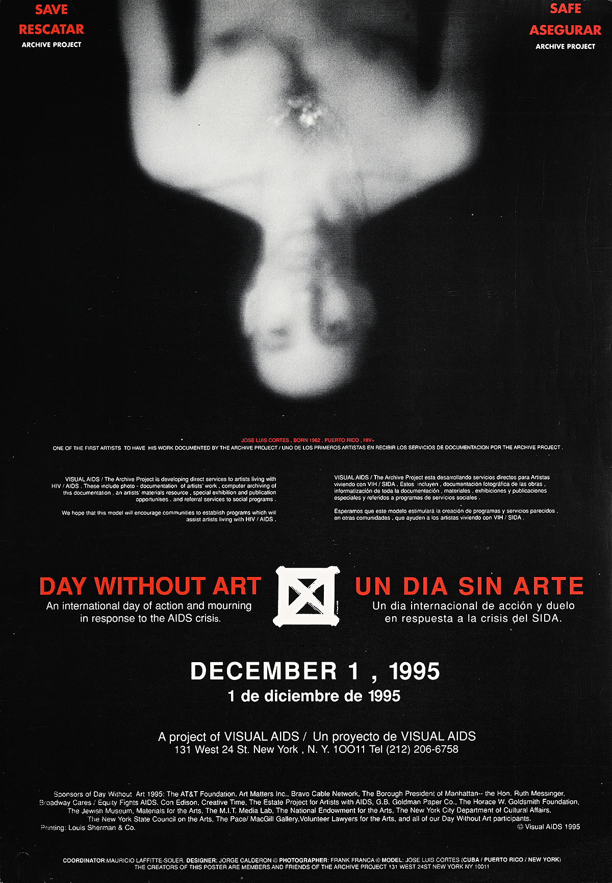 A poster of a blurry white man upside down on a black background.