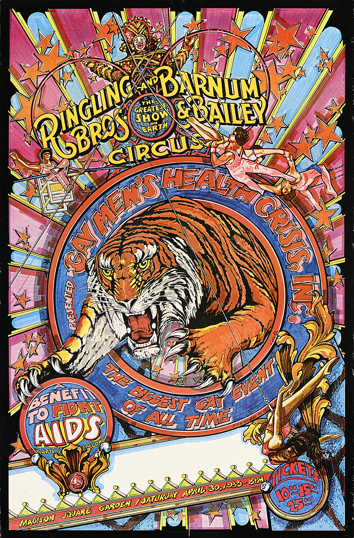 A colorful illustrative poster of a tiger jumping through a hoop in front of a circus tent.